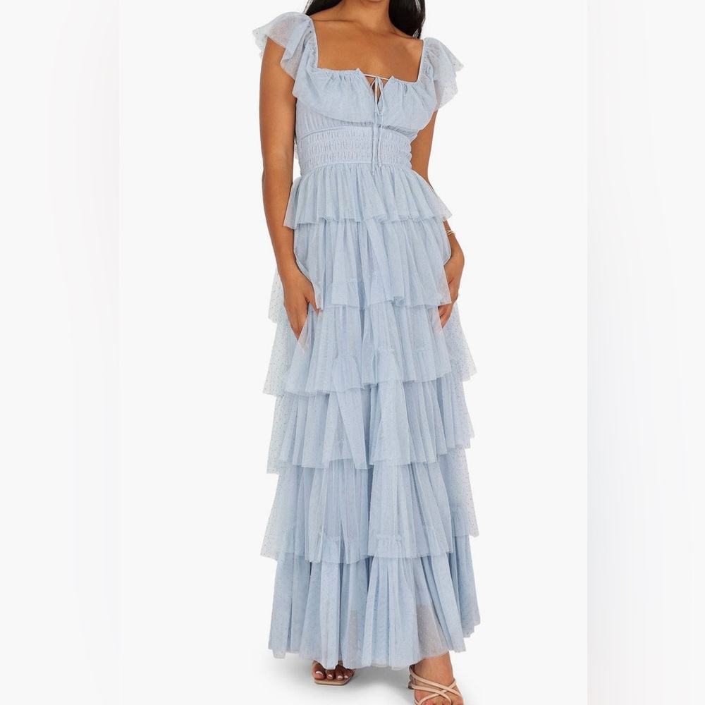Light Blue Belle Swiss Dot Tiered Maxi Dress